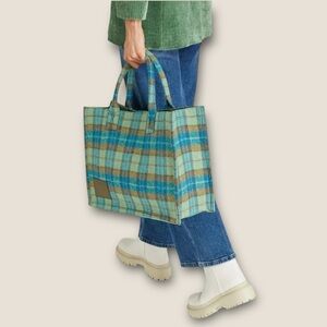 Sandro Kasbah Tartan Wool Leather Large Tote Bag. Blue Green Plaid #1546 NWT